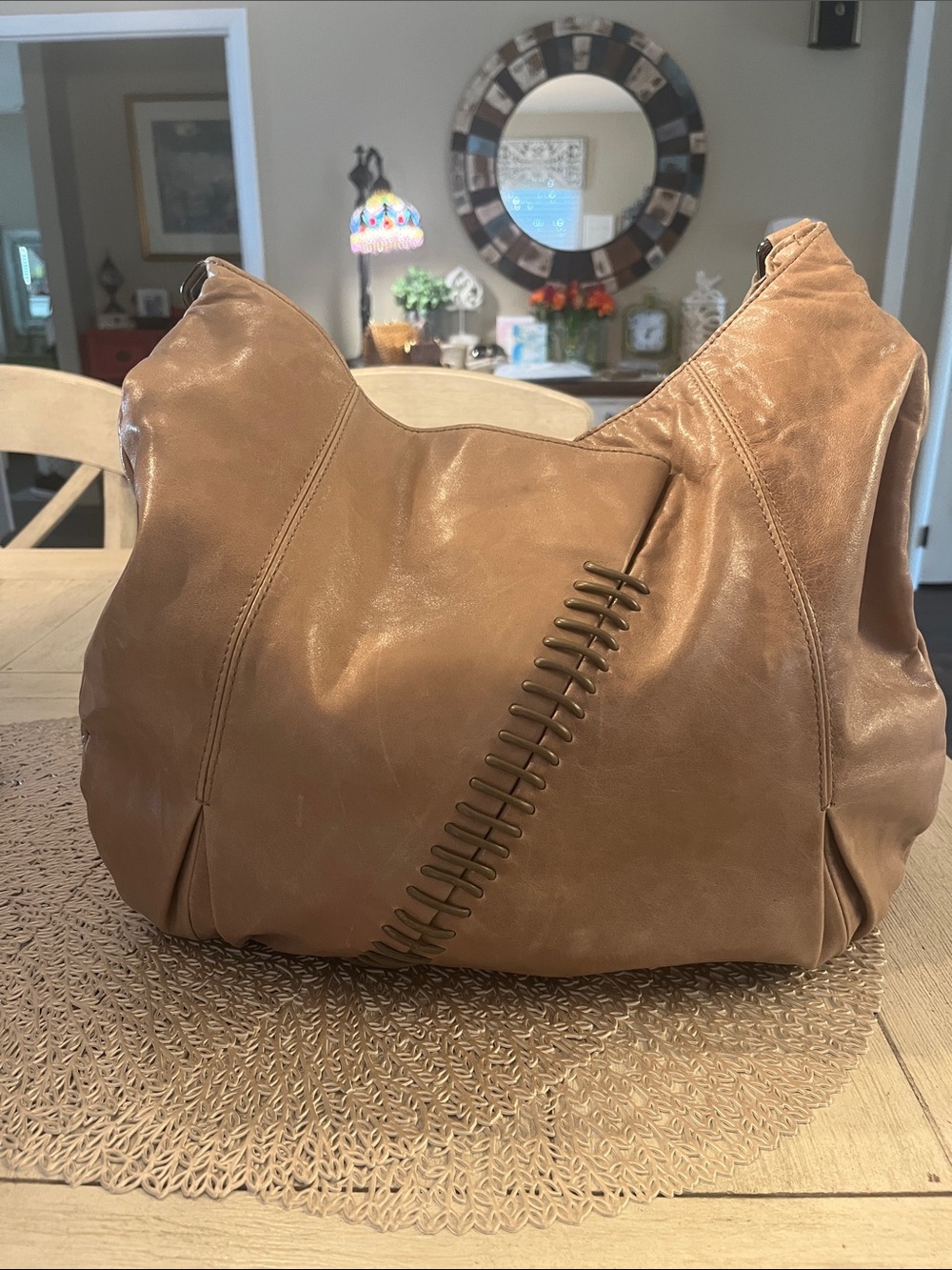 Cole Haan Tan Leather Hobo Shoulder Bag with Whipstitch Detail